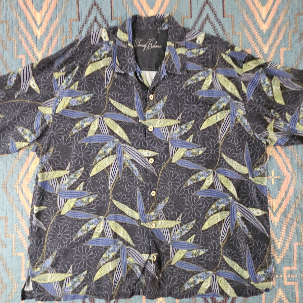 Tommy Bahama Navy and Olive Tropical Print Shirt. #1302‎